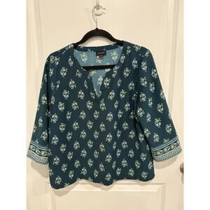 J. Jill Wearever Easy-Care Printed & Bordered Top Tunic Teal Gold Floral Comfort